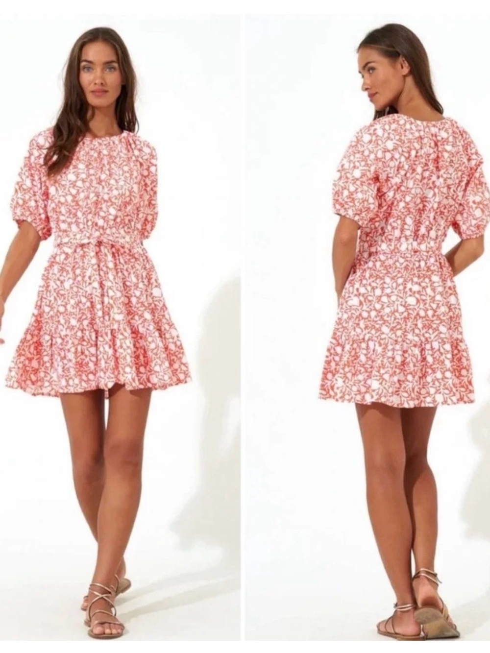 Oliphant Puff Sleeve Mini Dress Floral Poplin Orange White XXS